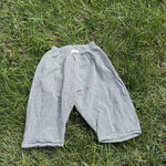 Pre-loved Aosta blue hickory stripe pull-on pants, kids size 2T, back view, laid flat on grass