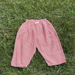 Pre-loved Aosta red hickory stripe pull-on pants, kids size 2T, back view, laid flat on grass