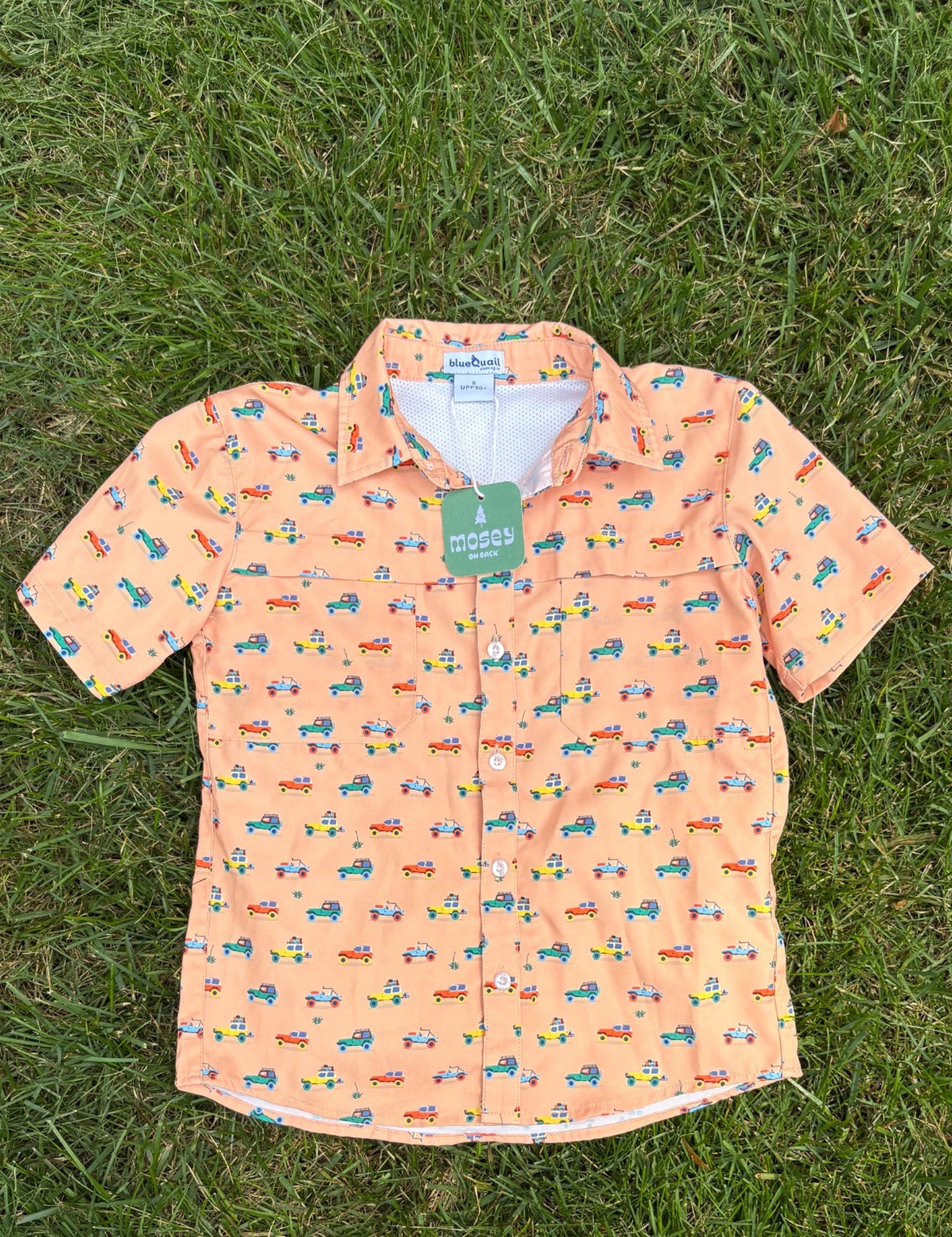 Blue Quail Clothing Co. Peach Car Print Button-Up Shirt, Size 5, pre-loved, front view