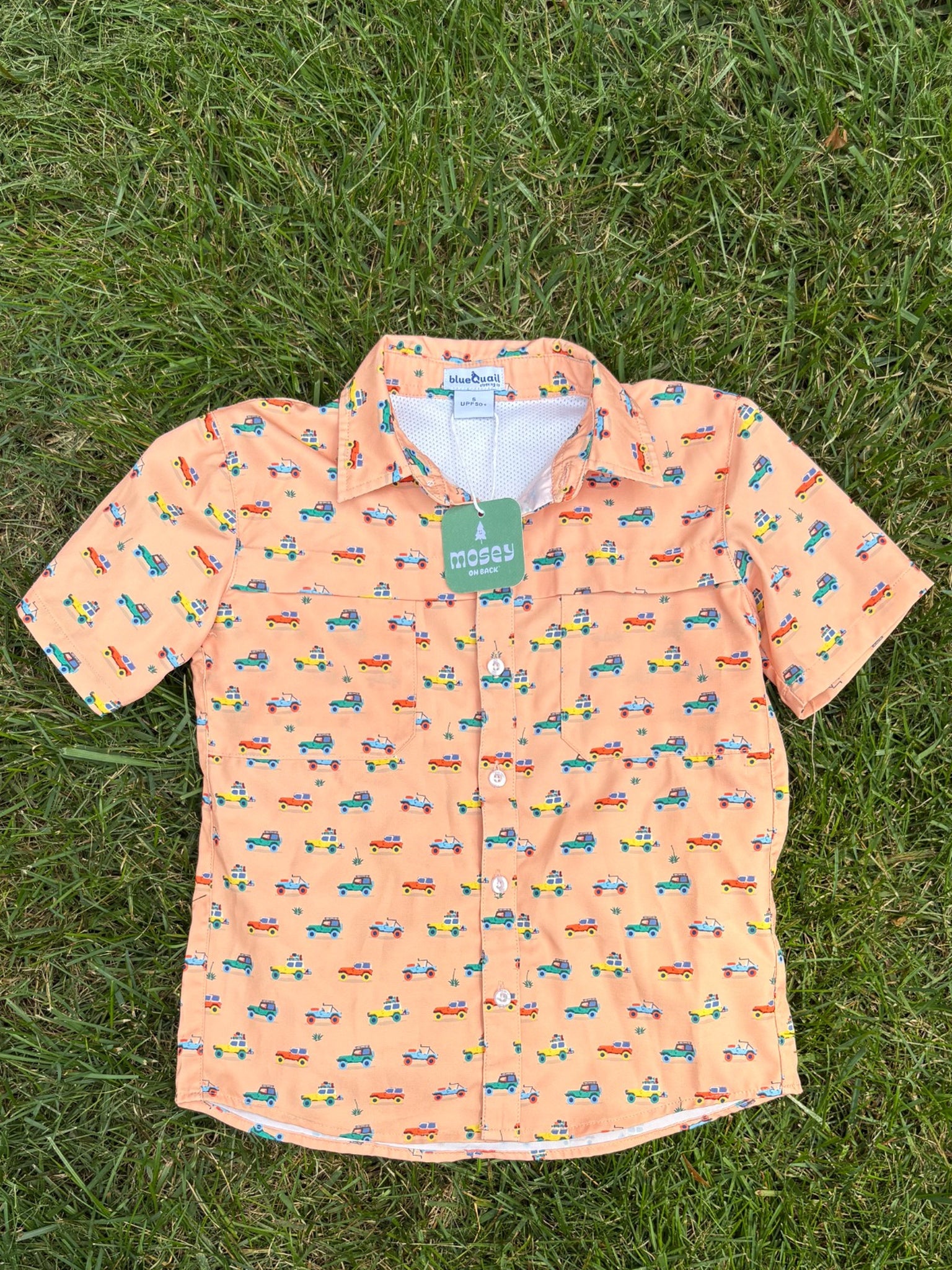 Blue Quail Clothing Co. Peach Car Print Button-Up Shirt, Size 5, pre-loved, front view