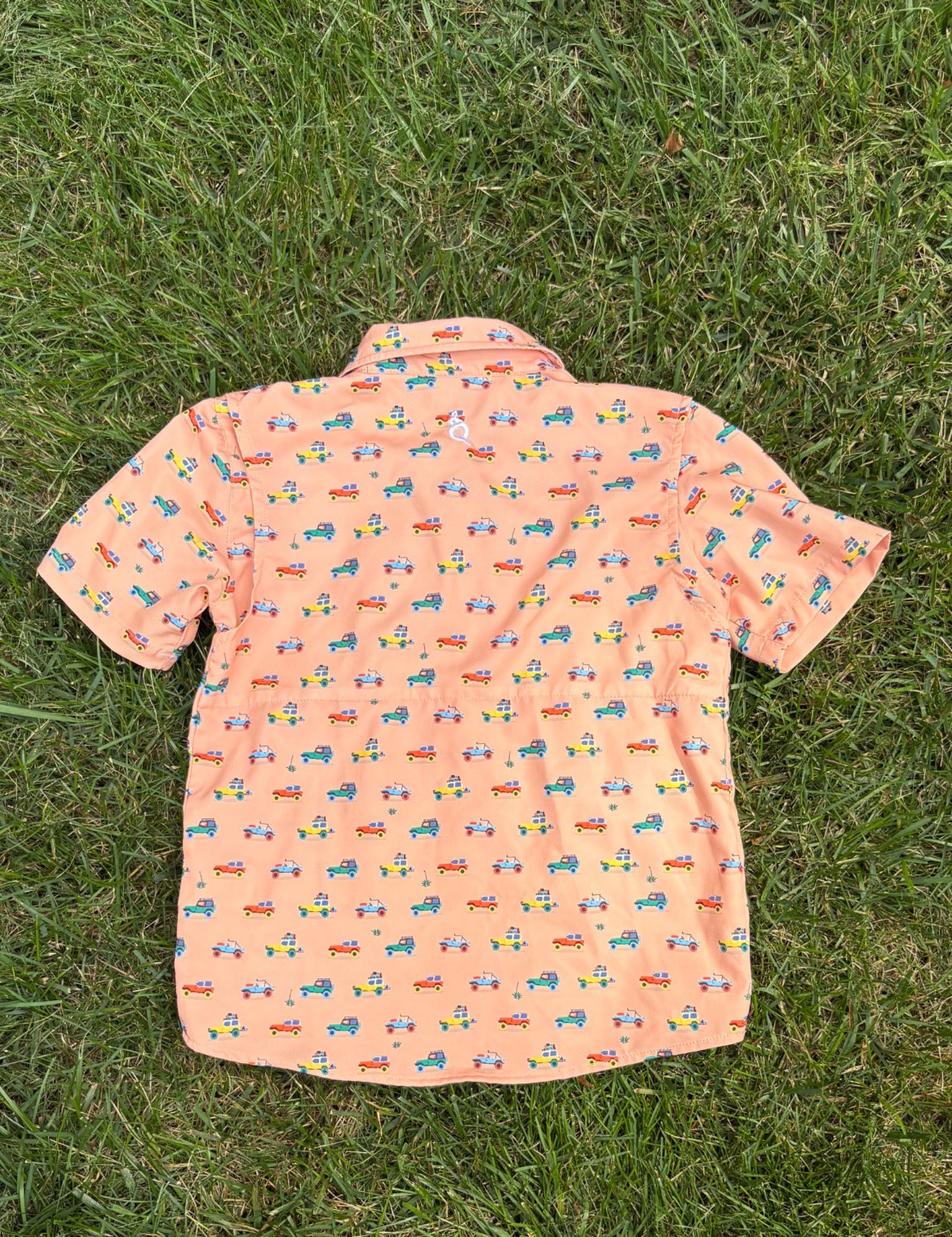 Blue Quail Clothing Co. Peach Car Print Button-Up Shirt, Size 5, pre-loved, back view