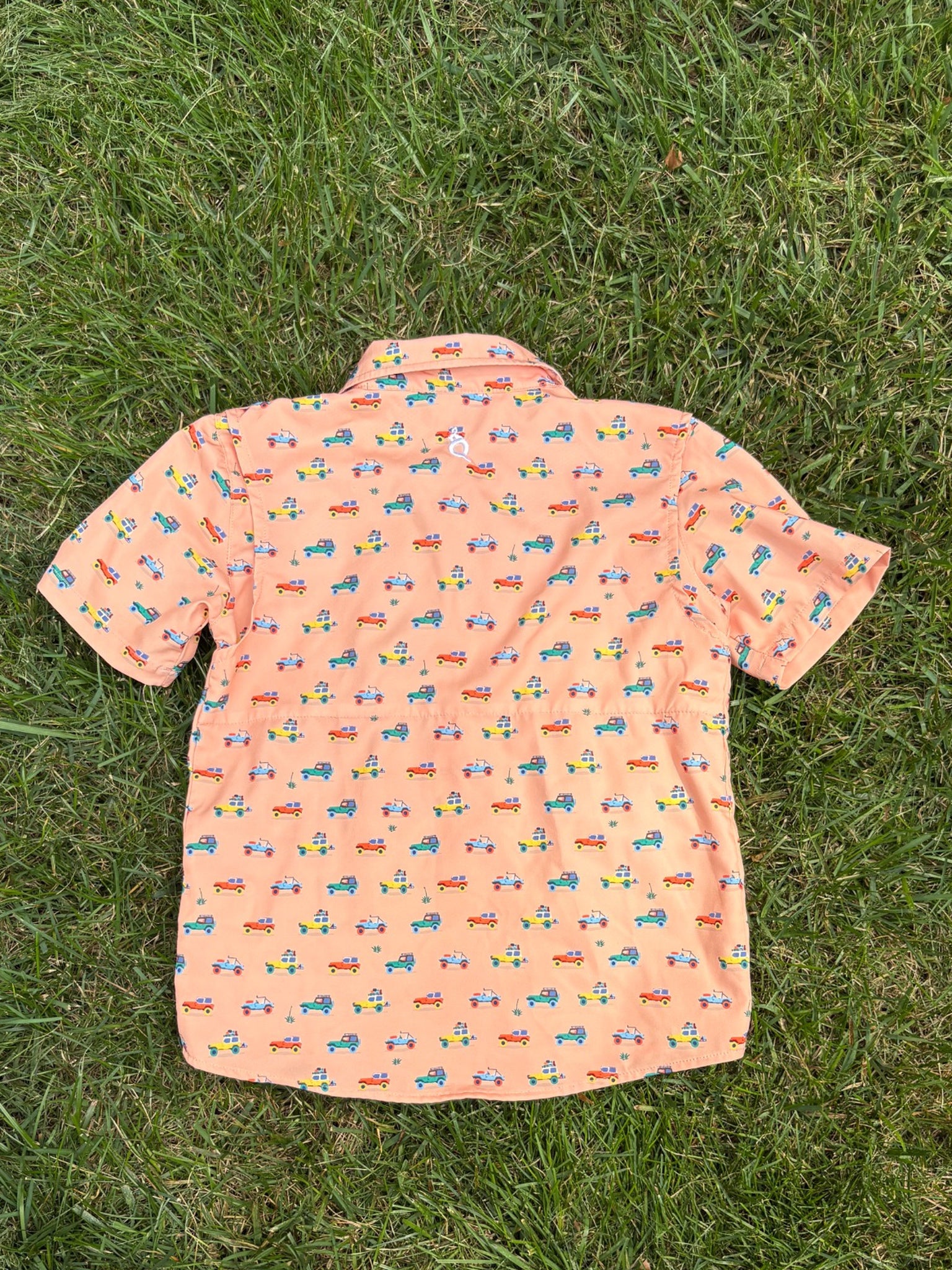 Blue Quail Clothing Co. Peach Car Print Button-Up Shirt, Size 5, pre-loved, back view