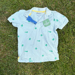Boden Light Aqua Frog Print Polo, Size 5/6, pre-loved, front view