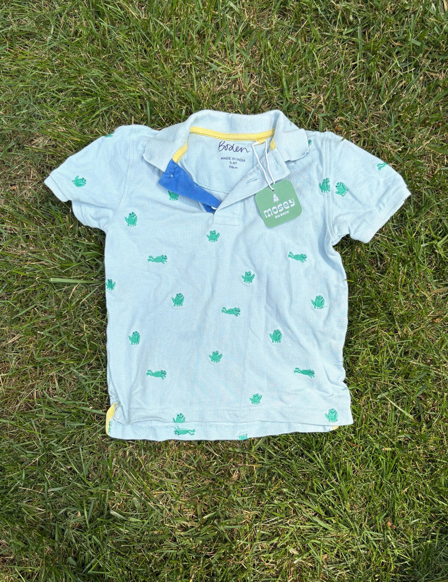 Boden Light Aqua Frog Print Polo, Size 5/6, pre-loved, front view