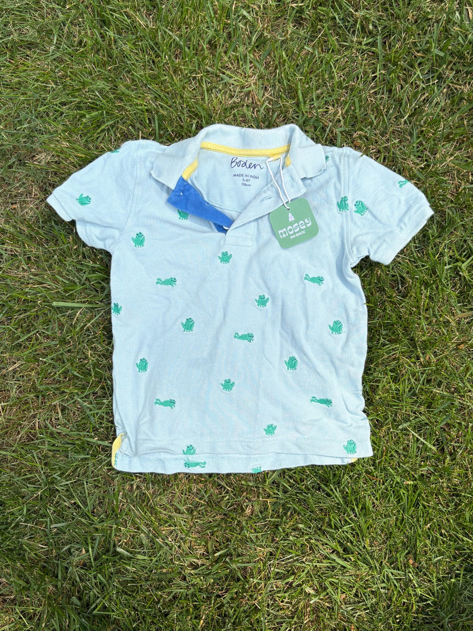 Boden Light Aqua Frog Print Polo, Size 5/6, pre-loved, front view