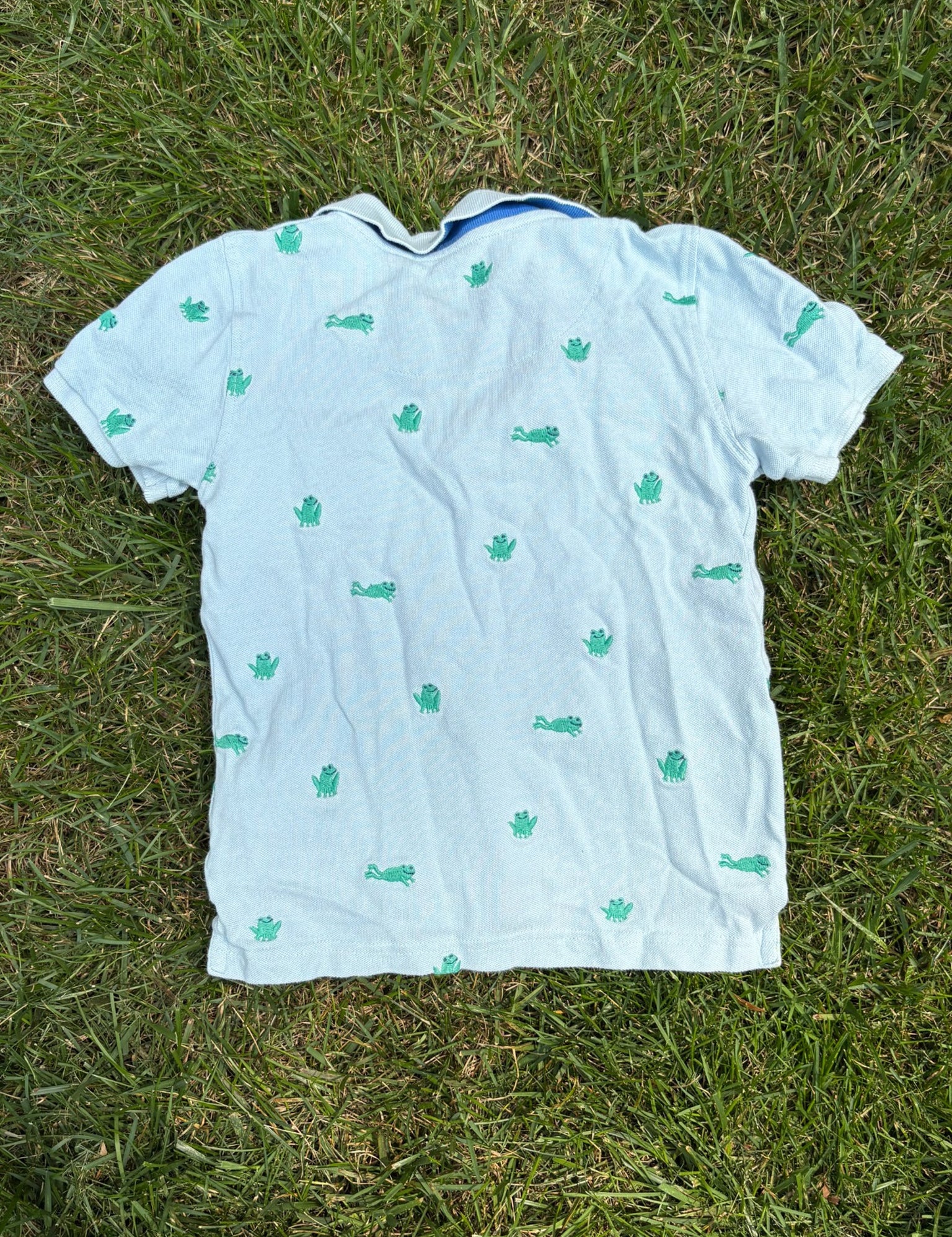 Boden Light Aqua Frog Print Polo, Size 5/6, pre-loved, back view