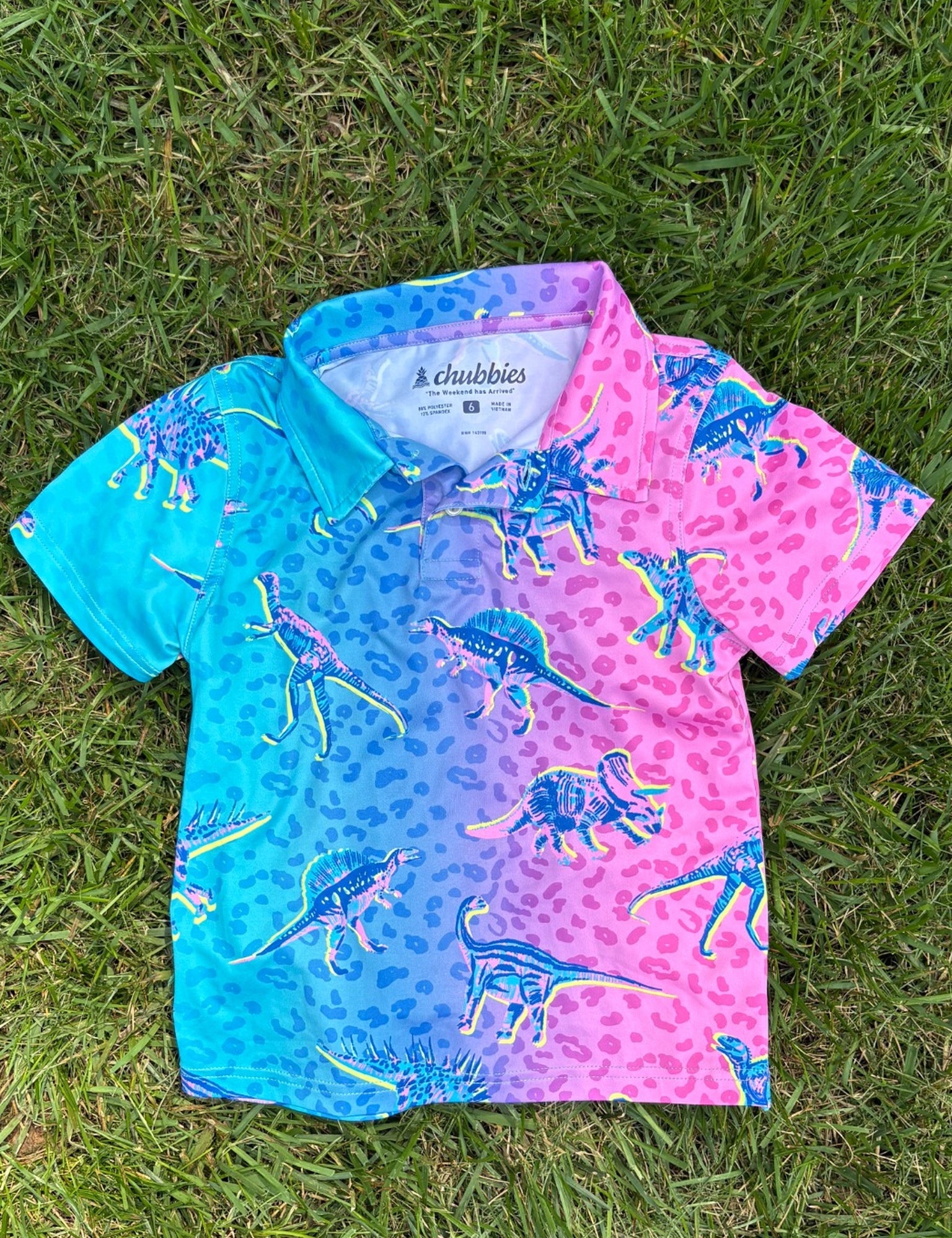 Chubbies Dinosaur Print Button-Up Shirt, Size 6, pre-loved, front view
