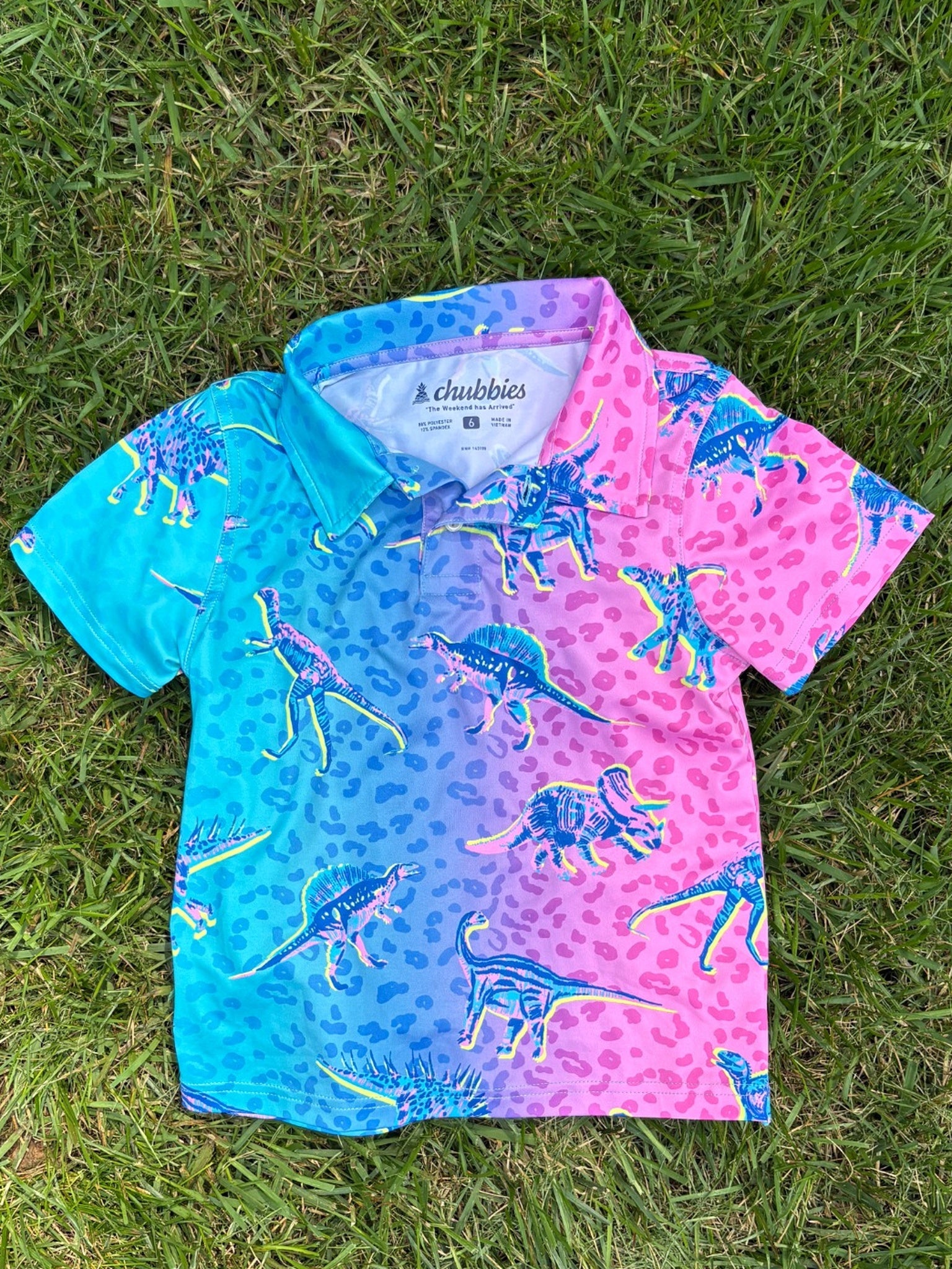 Chubbies Dinosaur Print Button-Up Shirt, Size 6, pre-loved, front view