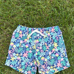 Chubbies Navy Tropical Print Swim Trunks, Size 4T, pre-loved, front view