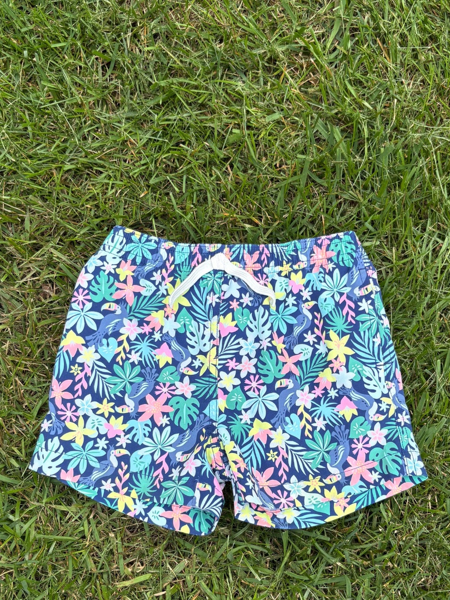 Chubbies Navy Tropical Print Swim Trunks, Size 4T, pre-loved, front view
