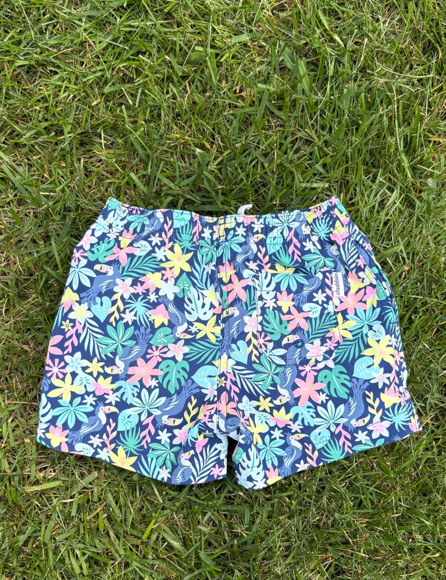 Chubbies Navy Tropical Print Swim Trunks, Size 4T, pre-loved, back view