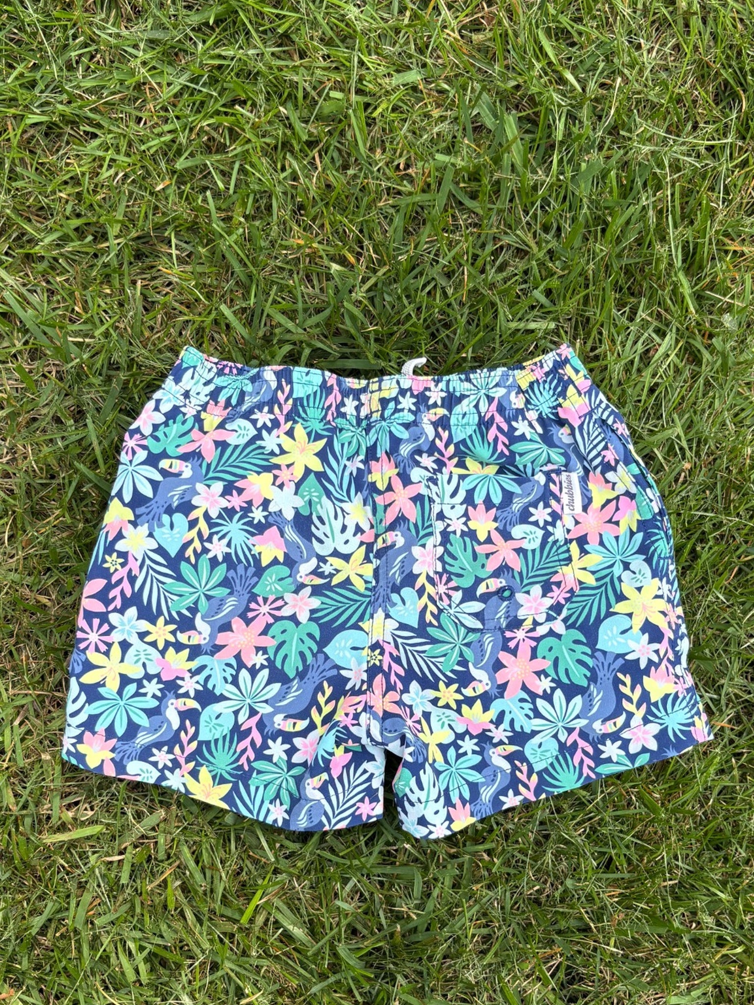 Chubbies Navy Tropical Print Swim Trunks, Size 4T, pre-loved, back view