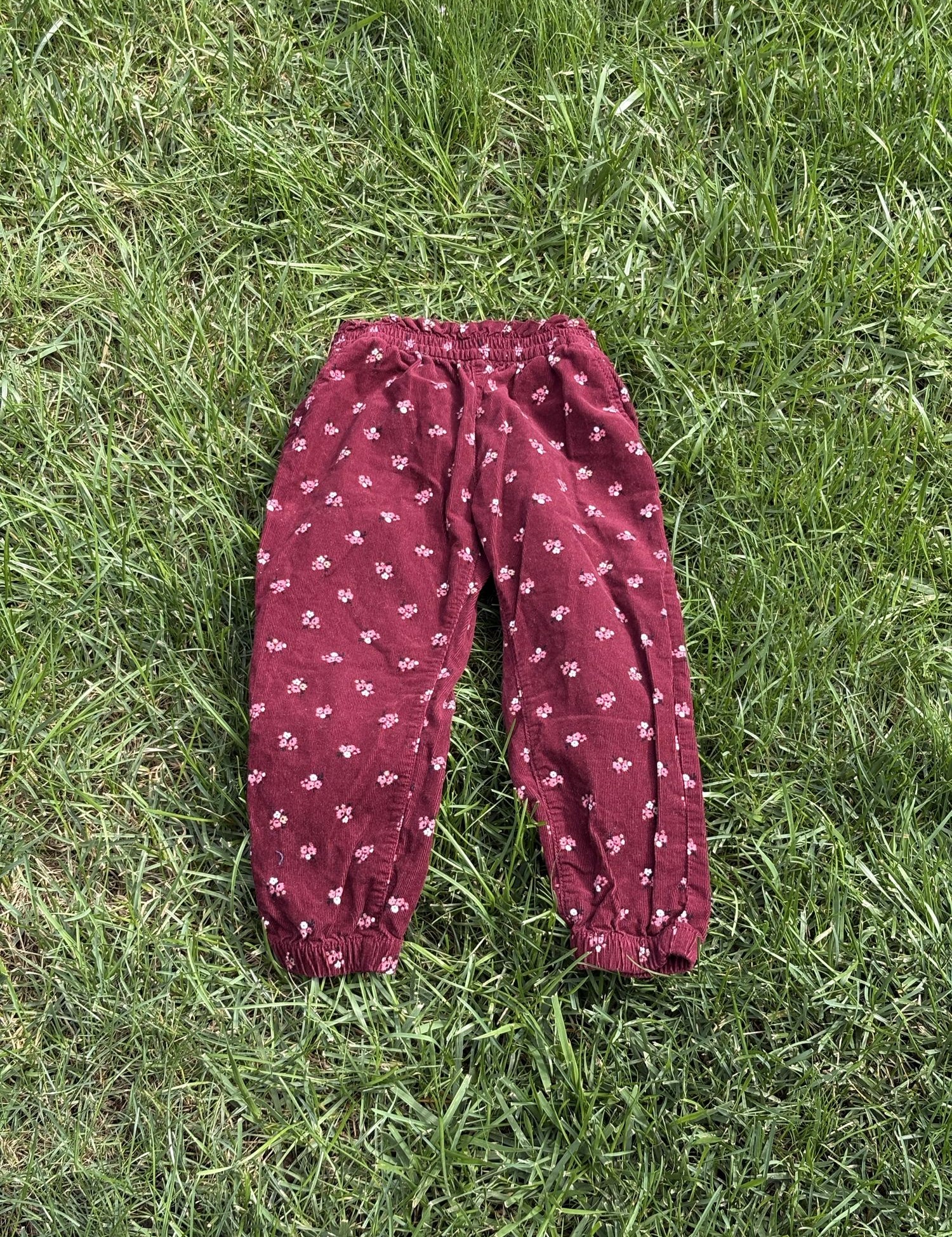 Pre-loved H&M burgundy floral corduroy pull-on pants, kids size 3T, back view, laid flat on grass