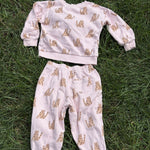Pre-loved Hanna Andersson pink leopard print sweatshirt and jogger set, kids size 2T, back view, laid flat on grass