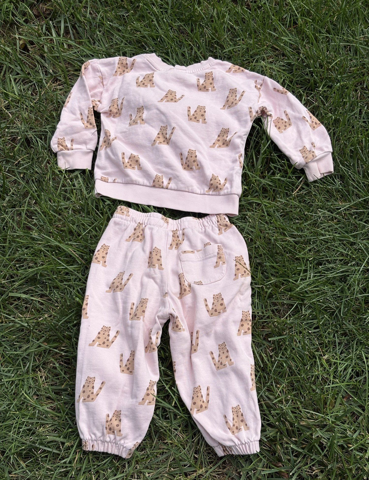Pre-loved Hanna Andersson pink leopard print sweatshirt and jogger set, kids size 2T, back view, laid flat on grass