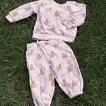 Pre-loved Hanna Andersson pink leopard print sweatshirt and jogger set, kids size 2T, front view, laid flat on grass
