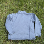 Pre-loved J.Crew blue performance quarter-zip pullover, kids size 6/7, back view, laid flat on grass