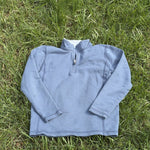 Pre-loved J.Crew blue performance quarter-zip pullover, kids size 6/7, front view, laid flat on grass