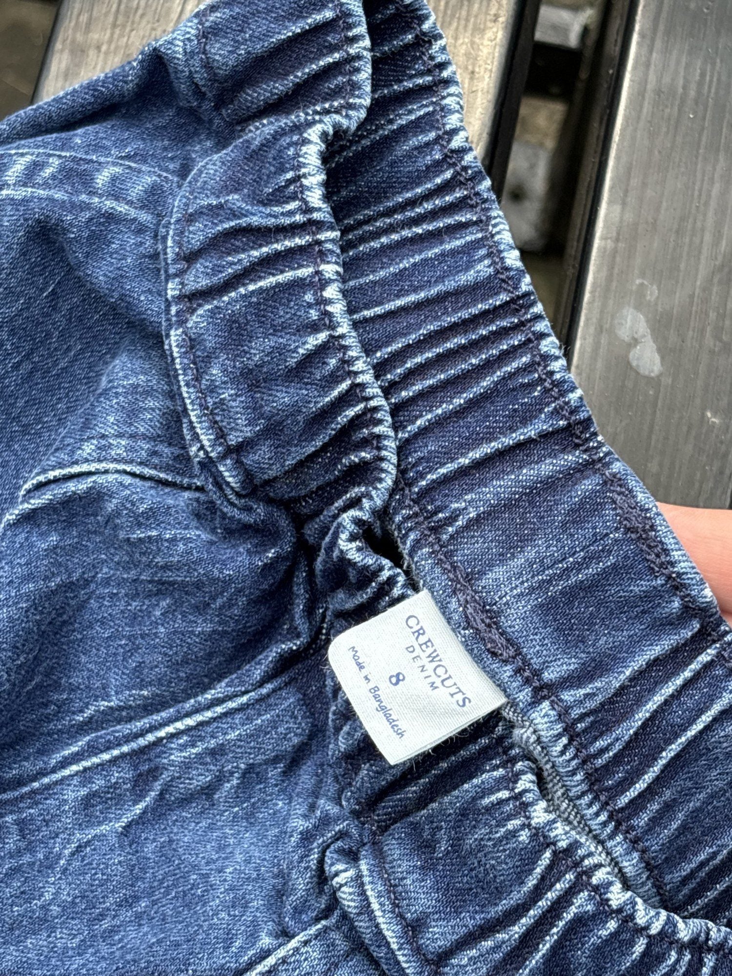 Pre-loved J.Crew wide-leg pull-on jeans, kids size 8, brand and size label close-up