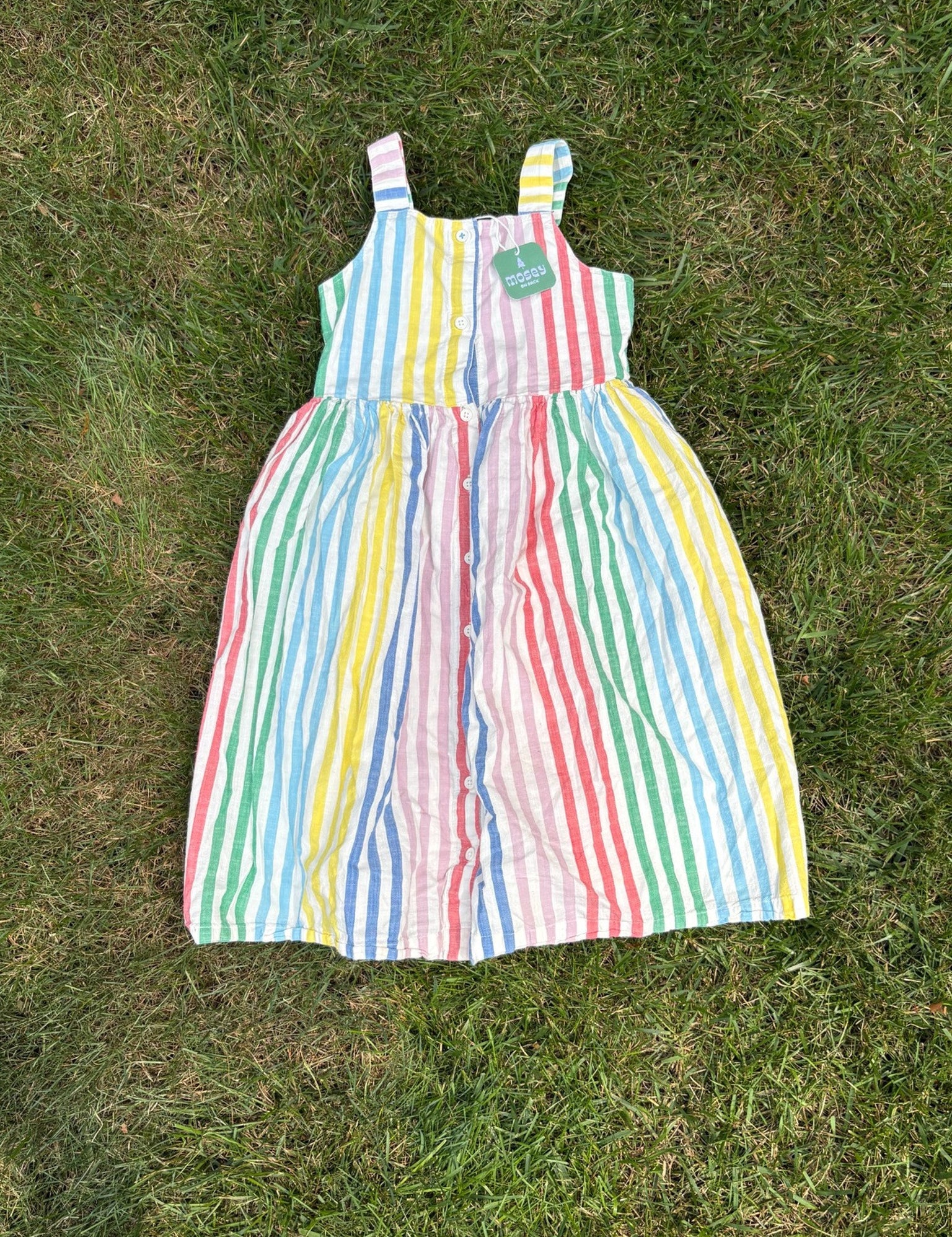 Mini Boden Rainbow Stripe Sleeveless Dress, Size 9/10, pre-loved, front view