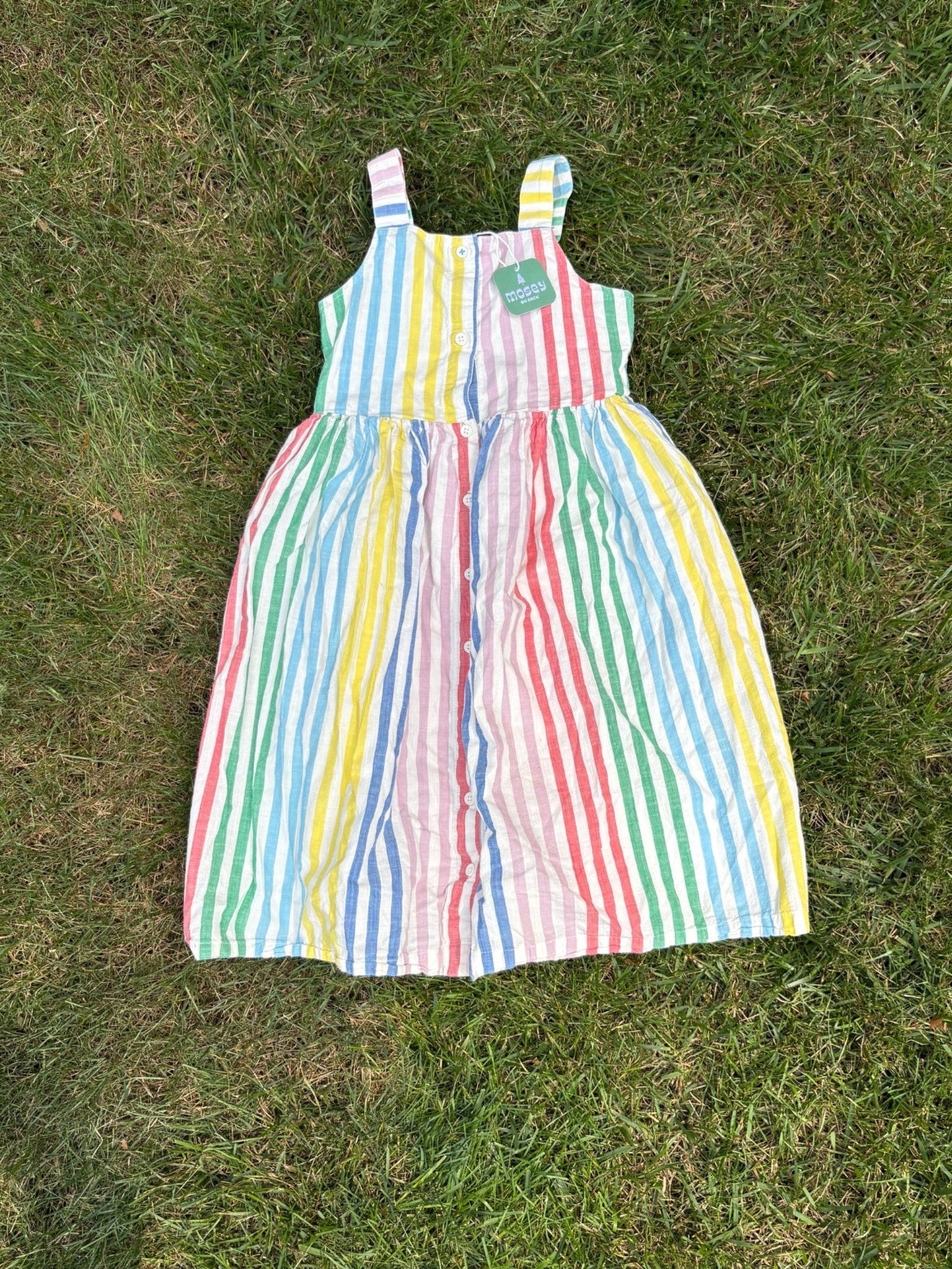 Mini Boden Rainbow Stripe Sleeveless Dress, Size 9/10, pre-loved, front view