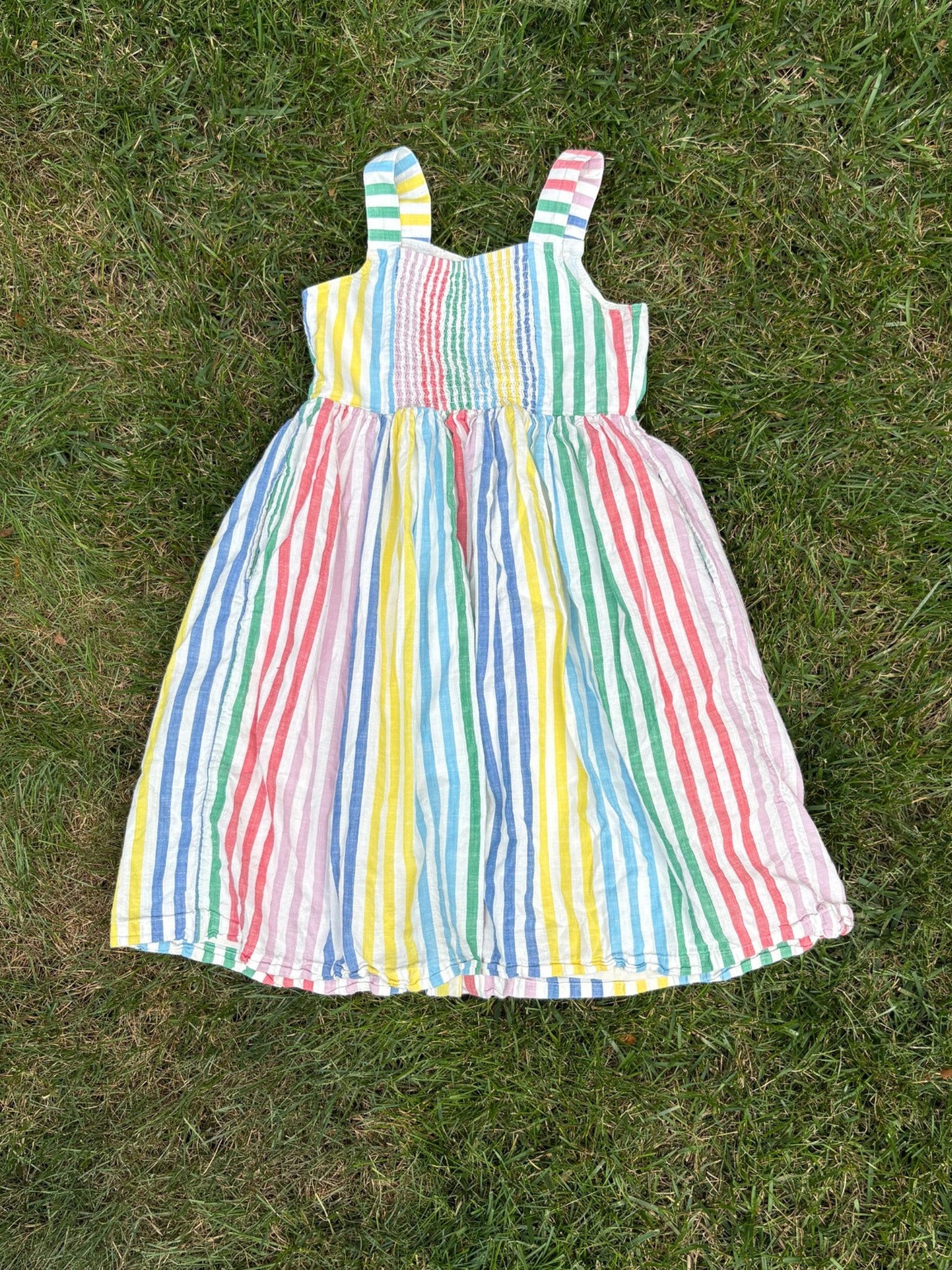 Mini Boden Rainbow Stripe Sleeveless Dress, Size 9/10, pre-loved, back view