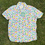 Mini Boden White Shark Print Button-Up Shirt, Size 7/8, pre-loved, front view