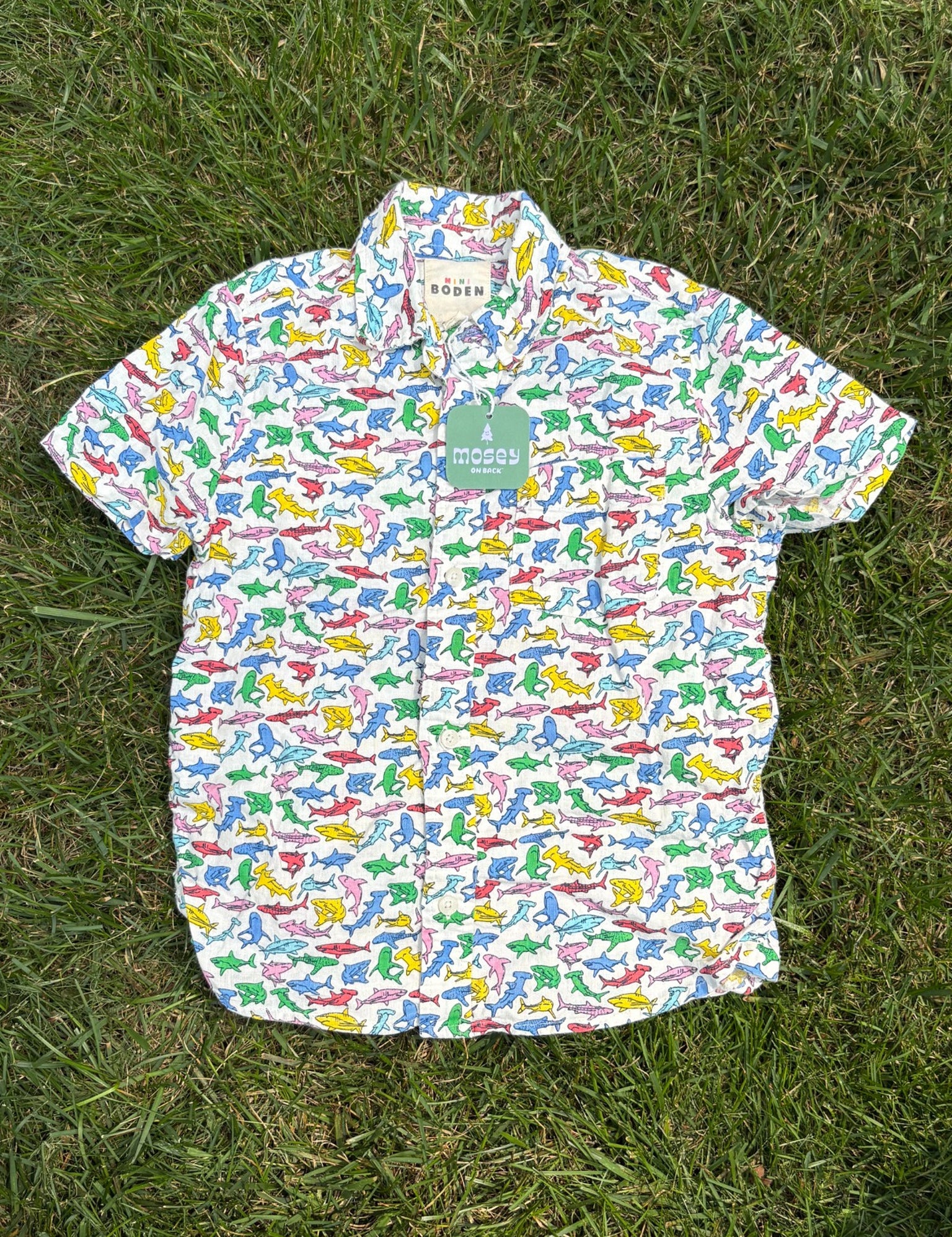 Mini Boden White Shark Print Button-Up Shirt, Size 7/8, pre-loved, front view