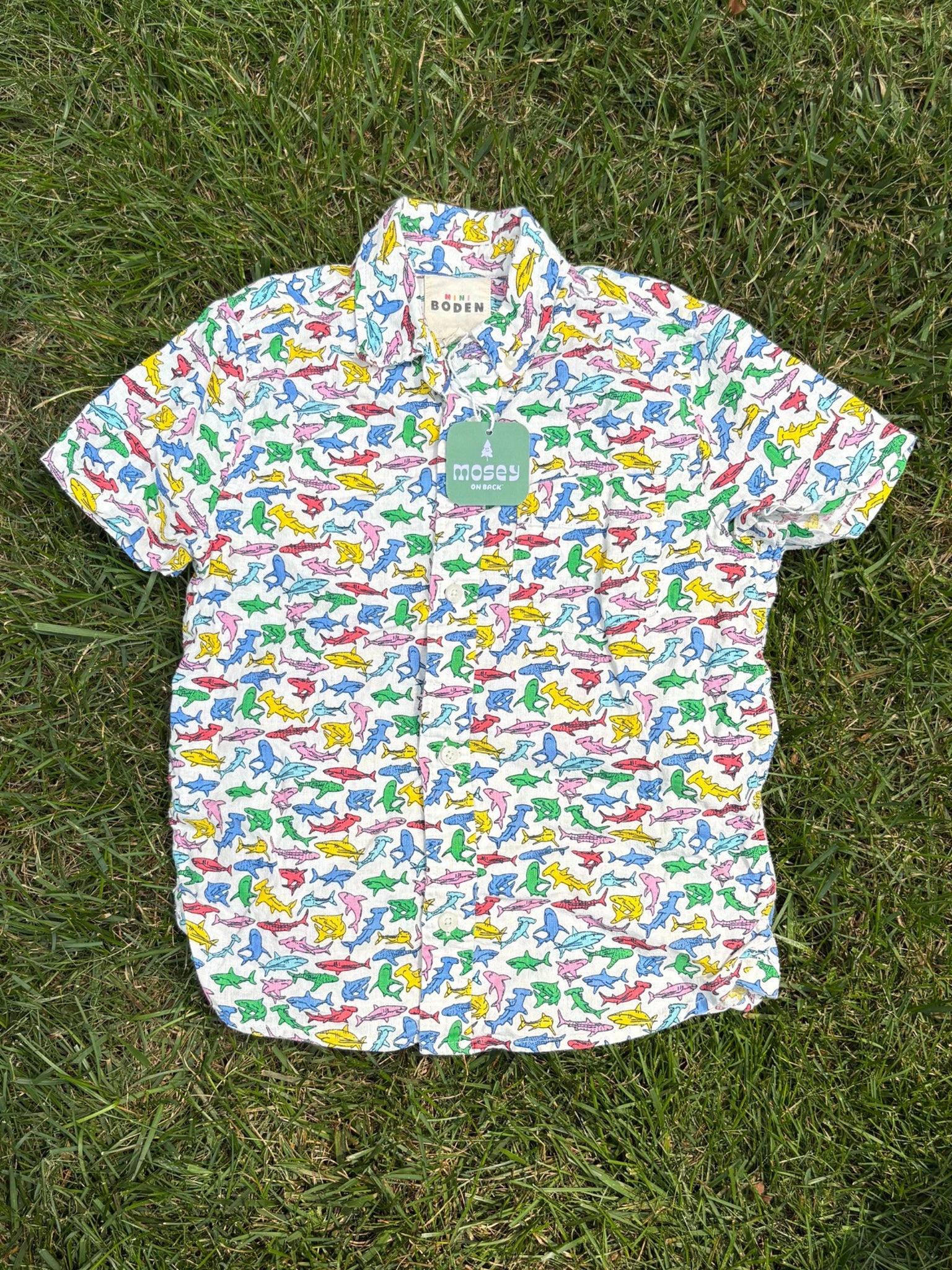 Mini Boden White Shark Print Button-Up Shirt, Size 7/8, pre-loved, front view