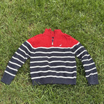 Pre-loved Nautica red and navy striped quarter-zip sweater, kids size 6, front view, laid flat on grass