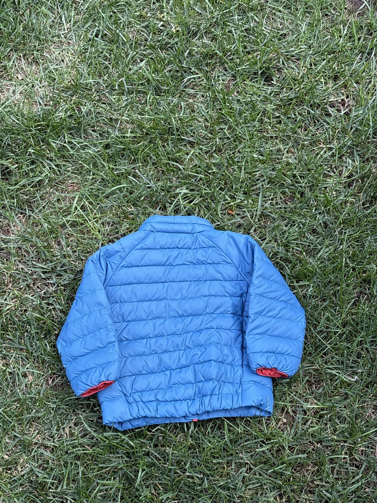 Pre-loved Patagonia blue quilted puffer jacket, kids size 6-12M, back view, laid flat on grass