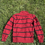 Pre-loved Ralph Lauren red striped quarter-zip pullover, kids size 7, back view, laid flat on grass