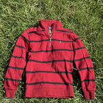 Pre-loved Ralph Lauren red striped quarter-zip pullover, kids size 7, front view, laid flat on grass