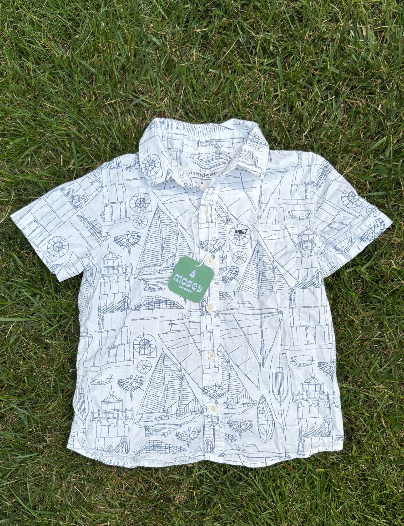 Vineyard Vines White Nautical Print Button-Up Shirt, Size 6, pre-loved, front view