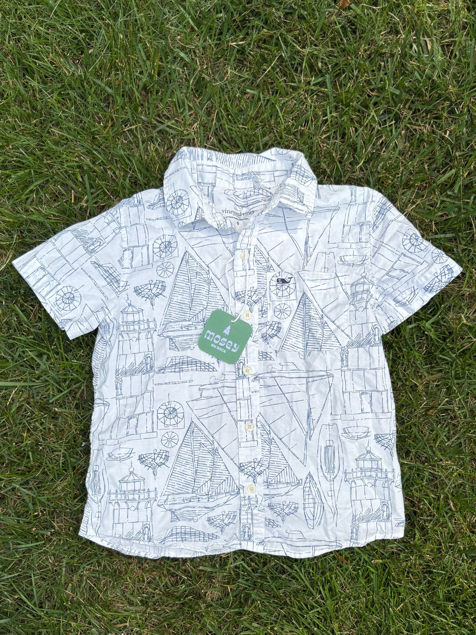 Vineyard Vines White Nautical Print Button-Up Shirt, Size 6, pre-loved, front view